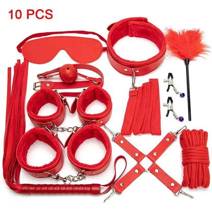 Erotic Bdsm Set Sexy Leather Plush Sex Toys Bondage Kit Handcuffs Feather Blindfold Flirt Exotic Accessories Couples Adult Games