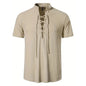 Men's Retro Shirt Short Sleeve Cotton Linen Lightweight Breathable Solid Color Fashion Tops Pirate V-neck Male Stylish Shirs