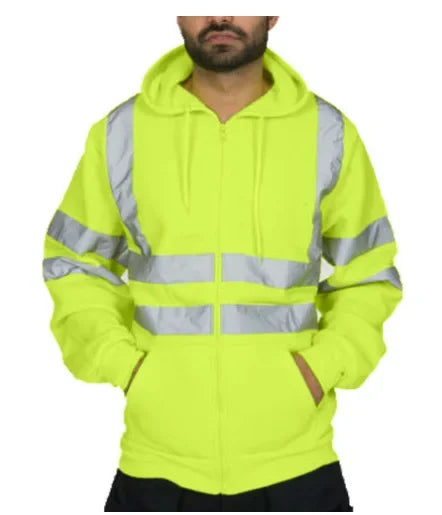 Men Reflective Strip Hoodies Casual Fit Work Safety Jackets Autumn Thin Fleece Hooded Zipper Sweatshirt Coats Workwear For Men