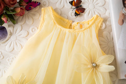 Baby Girl Princess Dress Summer New Solid Color Floral Chiffon Children'S Clothing For Birthday Parties (9 Months -3 Years Old)