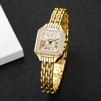 Elegant Rhinestone Square Women Watches Fashion Roma Dial Quartz Wristwatch Reloj Mujer Ladies Clock (Without Box)