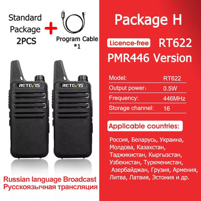 Retevis RT622 Mini Walkie Talkie 2pcs PMR446 Portable Two-way Radio PTT Walkie Talkies Communication Radio for Restaurant Hotel