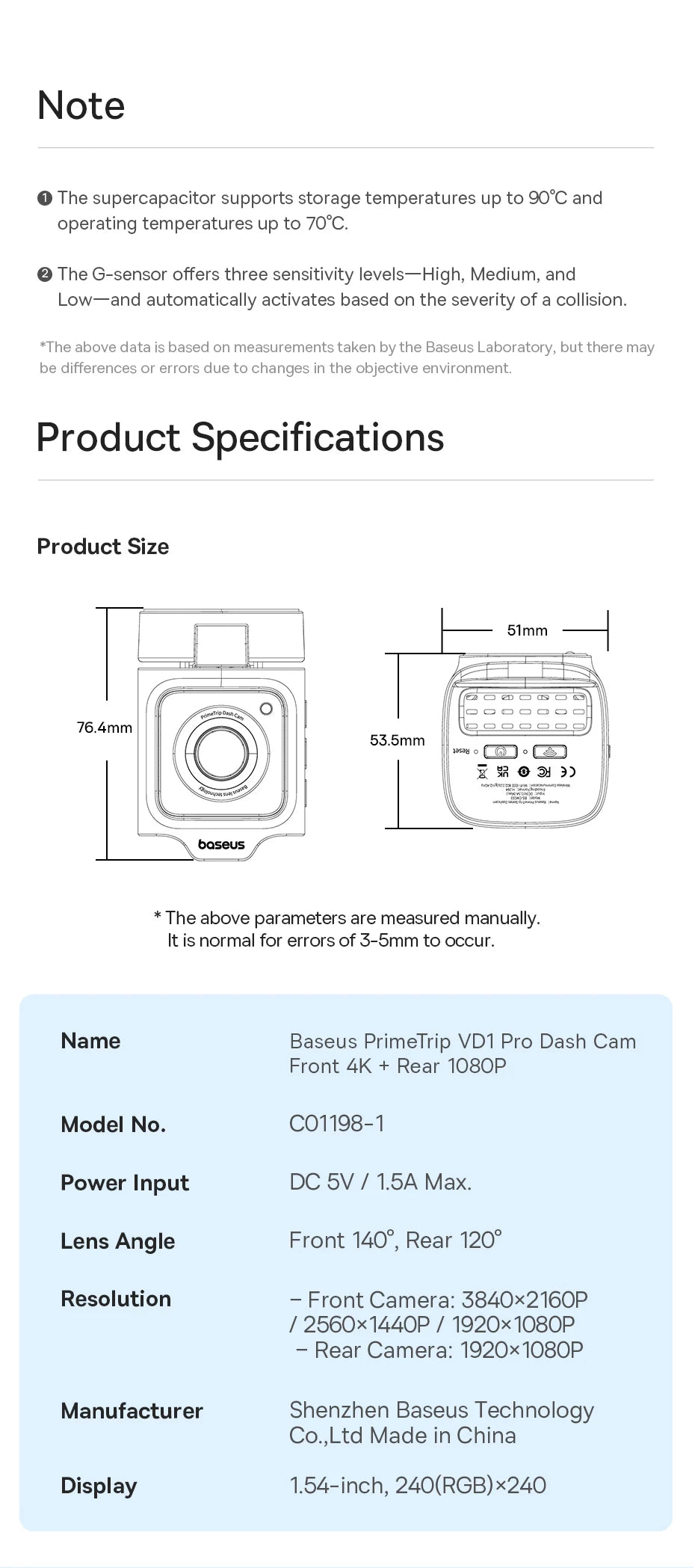Baseus 4K Dash Cam VD1 Pro Front and Rear UHD Car Camera for SONY Sensor Supercapatior Night Vision WiFi6 DVR Video Recorder