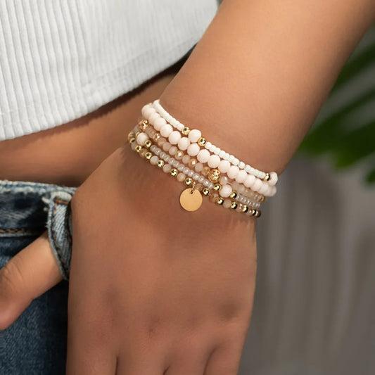 5Pcs Fashion Resin Beaded Bracelet Set For Women Round Piece Charm Elastic Bead Chain Bangle Wrist Strap Female Vacation Jewelry