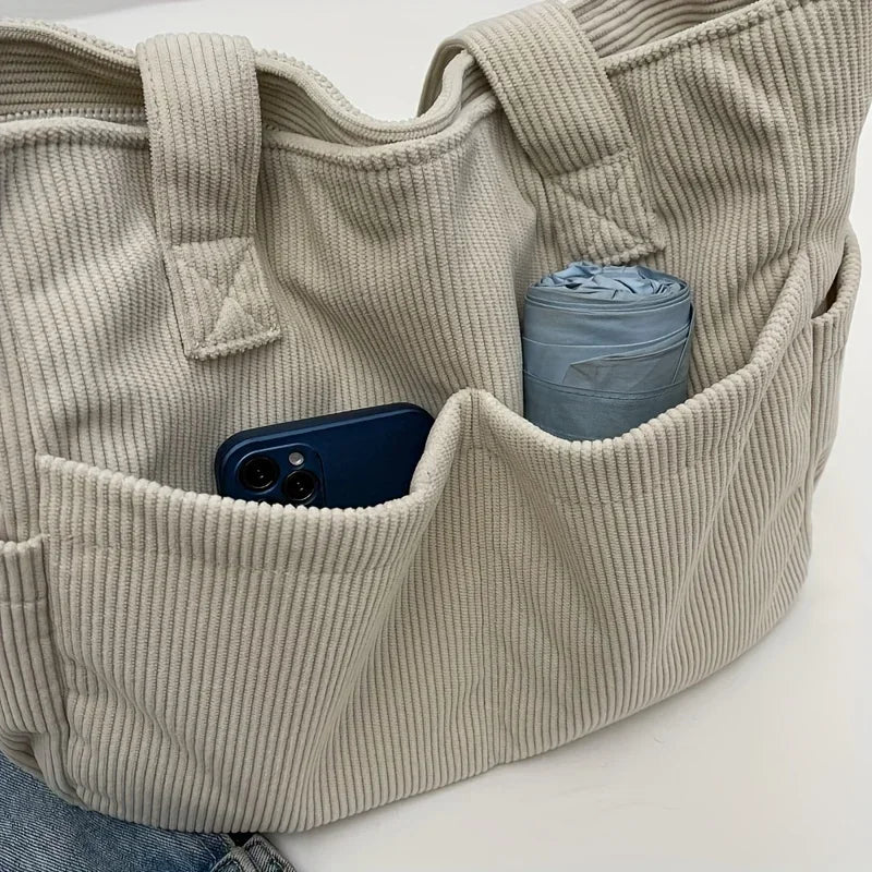 Large Capacity Women's Corduroy Tote Bag Casual Striped Shoulder Bag with Fixed Straps Zipper Handbag for Daily Commuting