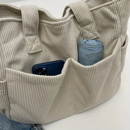 Large Capacity Women's Corduroy Tote Bag Casual Striped Shoulder Bag with Fixed Straps Zipper Handbag for Daily Commuting