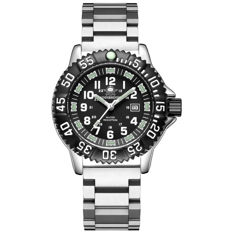 Addies Dive Men Fashion Casual Watch Calendar Display 50m Waterproof Tube Luminous Watch Black Dial Rotating Bezel Quartz Watch