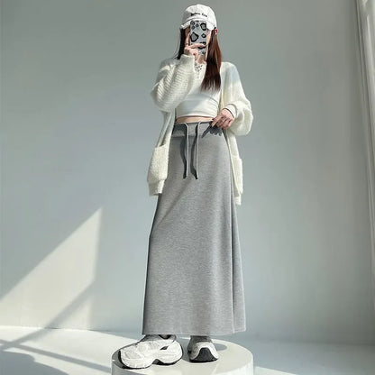 Women Spring Autumn Sports Maxi Skirt High Waist Drawstring A Line Straight Split Draped Casual Sweat Long Skirt