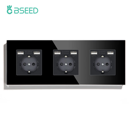 BSEED Touch Light Switch With EU USB Wall Sockets Black Wall Led Switches 1/2/3Gang 1Way Crystal Dark Blue Backlight Wall Switch