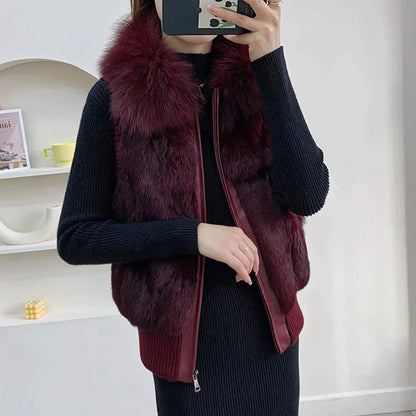 Women's Genuine Real Rabbit Fur Vest Coat Knitting Winter Fox Fur Collar Fur Jacket Casual Short Outwear Slim with Zipper