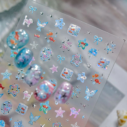 5D Starfish Fish Tail Small Fish Blue Bow Shell Silver Glitter Star Nail Art Stickers Ocean Fantasy Summer Nail Decals Manicure