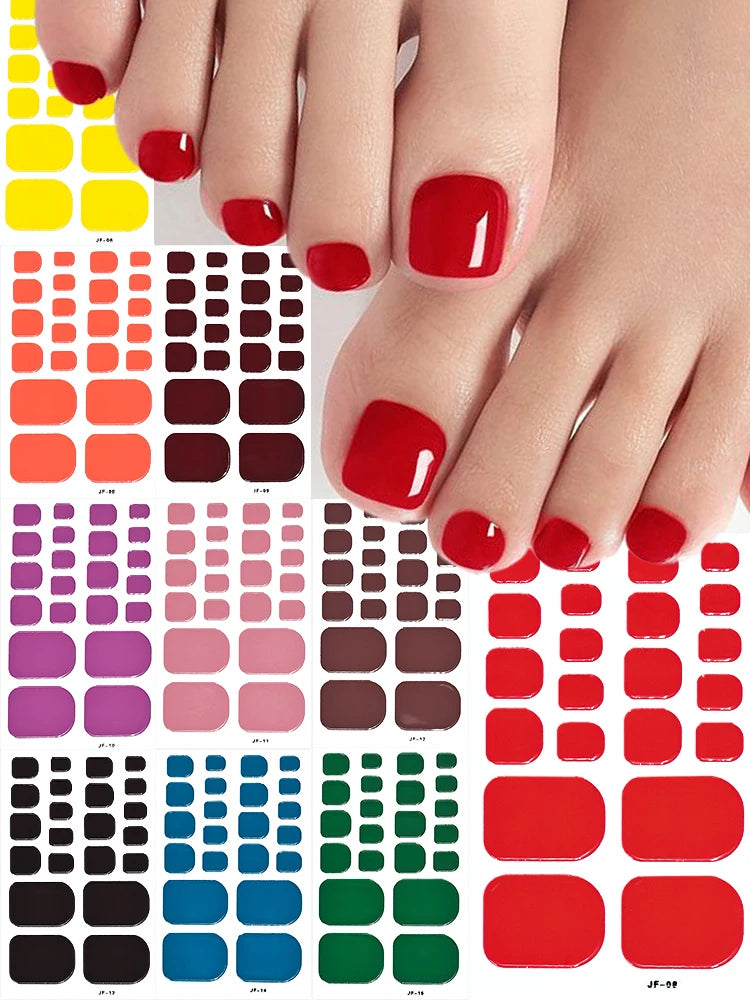 1Sheet=22Tips Glossy Red Toe Nail Stickers Full Cover Solid Color Press On Toenails Patch UV Baking Free Foot Gel Polish Wraps #