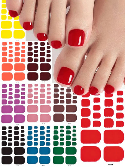 1Sheet=22Tips Glossy Red Toe Nail Stickers Full Cover Solid Color Press On Toenails Patch UV Baking Free Foot Gel Polish Wraps #