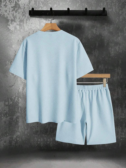 Men's Textured Letter Patched Round Neck Tee & Drawstring Shorts Two-Piece Set Regular Fit Casual Short Sleeve T shirt & Shorts