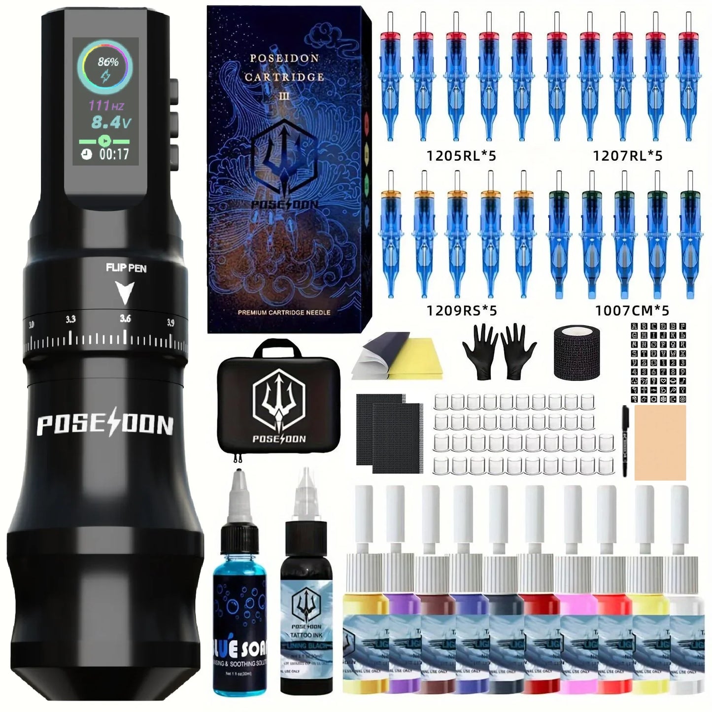 Tattoo Kit POSEIDON High Quality Tattoo Pen Kit For Permanent Makeup Tattoo Machine New Cool Tattoo Power Supply Tattoo Gun Kit