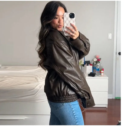 Street Women's Belt Leather Jackets Loose Lapel Zipper Long Sleeve Pockets Female Coats 2026 Autumn Lady Fashion Y2k Outwear
