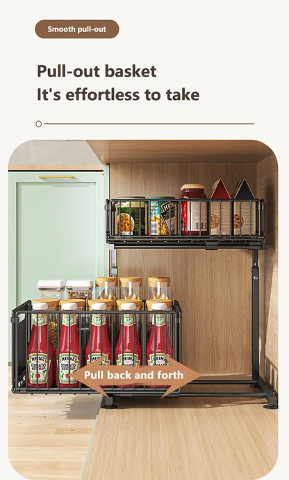 2 Tier Pull Out Cabinet Organizer Adjustable Under Sink Storage Rack Slide Out Drawer Kitchen Spice Jar Storage Shelf