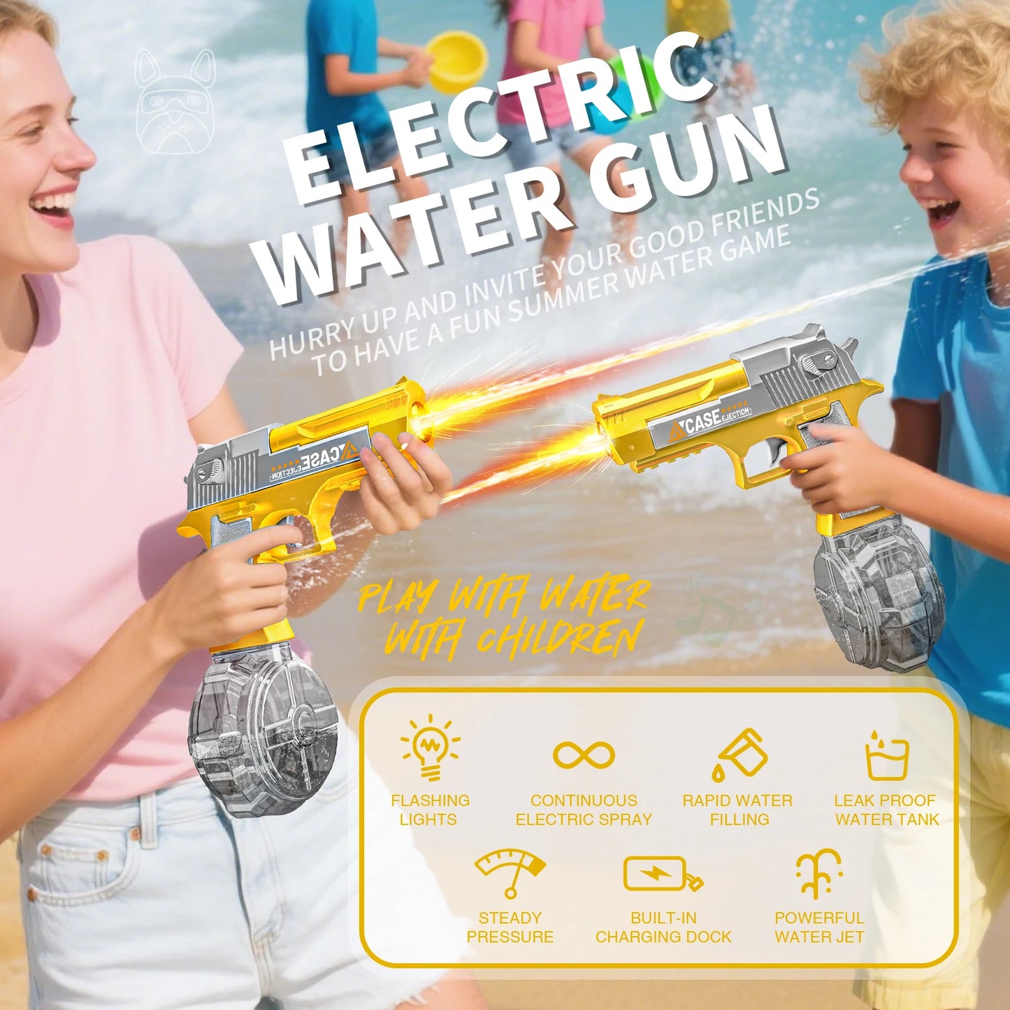 New Electric Water Gun With light Sprays Flame Effect Fully Automatic Shooting Toy Outdoor Beach Water Gun Toy Children Gift