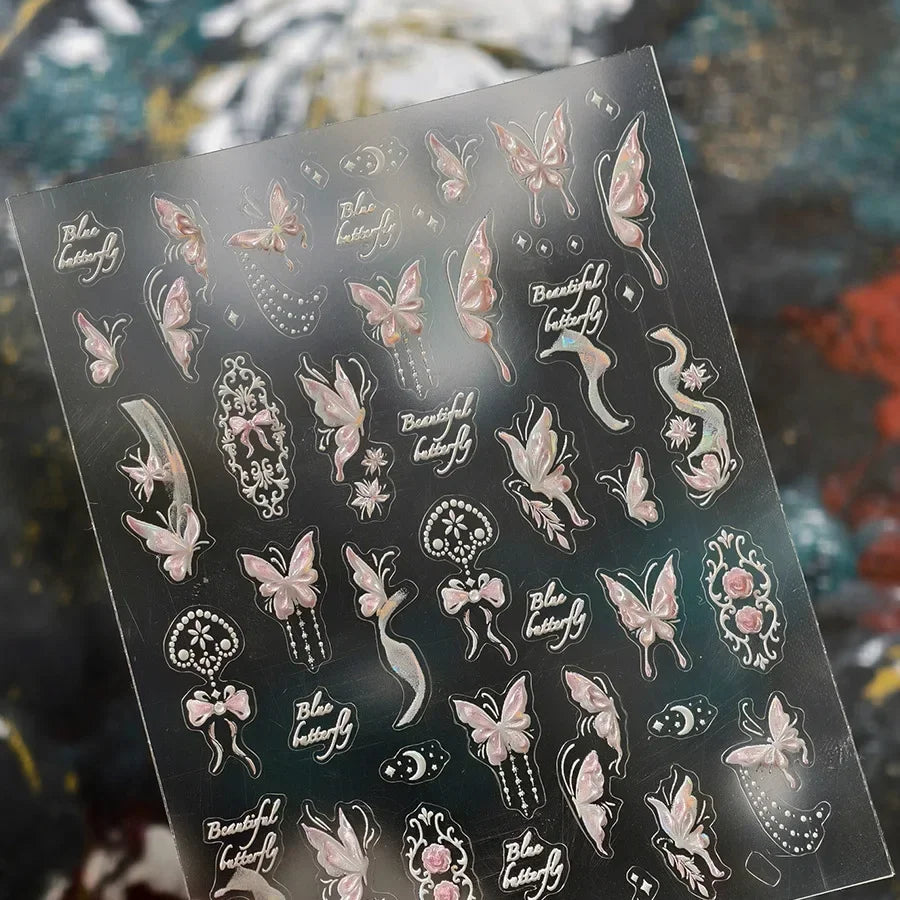 Shiny Jelly Butterfly Charming Golden Gradient Bowknot 5D Self Adhesive Nail Art Sticker Flower Petal Rhinestone Manicure Decals