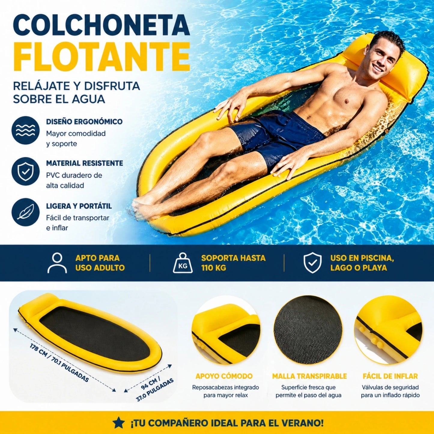 Inflatable adult floating mat 178x94cm integrated headrest breathable mesh durable PVC max load 110kg safety valve pool beach lake easy to inflate foldable summer