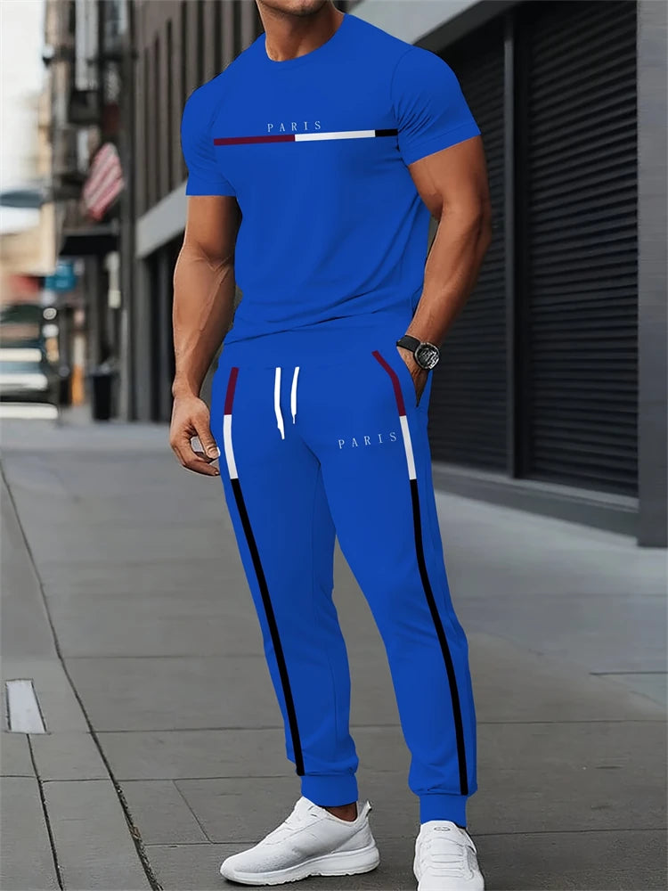New Men's Letter Print Two-piece Set Outdoor Casual Round Neck Short Sleeve Drawstring Long Pants Plus Size Loose Fit Outfit