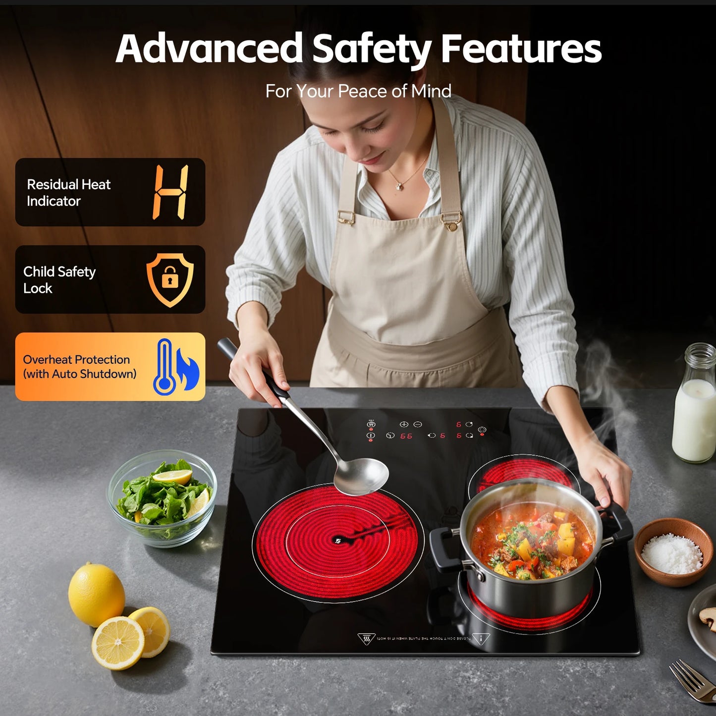 2-Zone Ceramic Hob, 3000W with Child Lock, 9 Heat Levels, 1-99min Timer, Black (CE Certified)