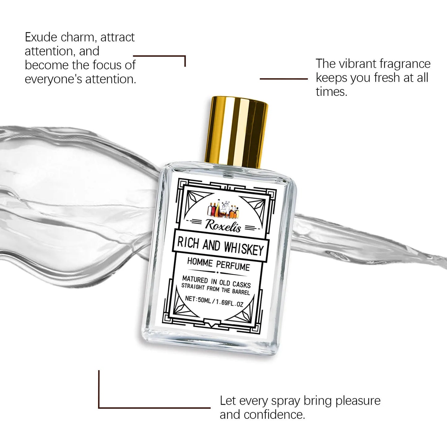 Roxelis Whiskey Scent Perfume Exude Elegance Lasting Charm Boost Confidence Light Fragrance Level Fragrance Spray for Men 50ml