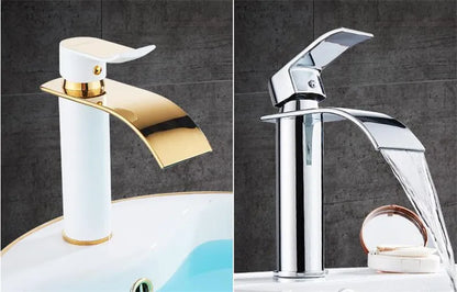 Basin Faucet Gold and White Waterfall Faucet Brass Bathroom Faucet Bathroom Basin Faucet Mixer Tap Hot and Cold Sink Faucet
