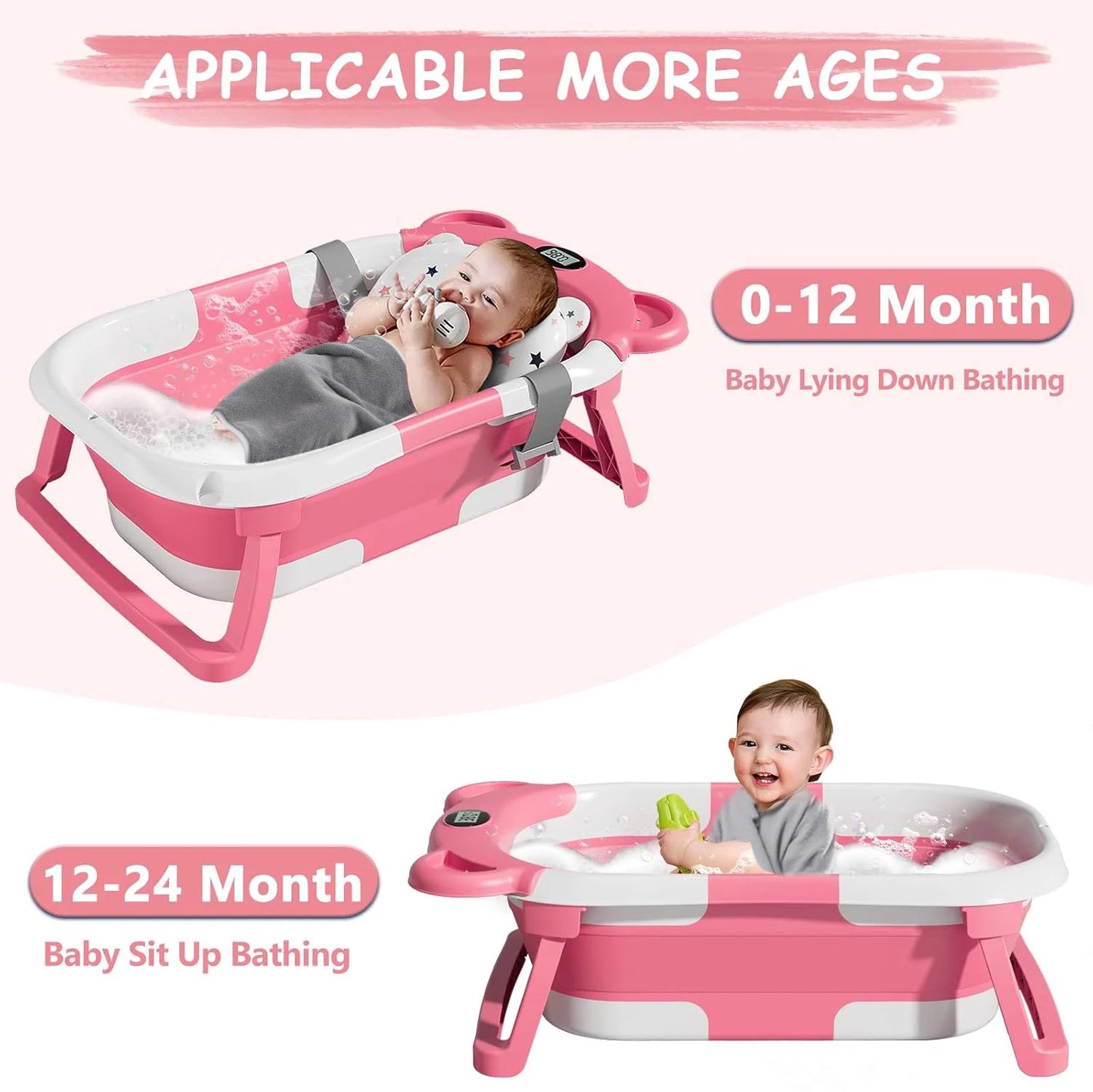 Collapsible Baby Bathtub for Newborn with Thermometer &1Soft Floating Cushion,Portable Travel Bathtub with Drain Hole,Baby Tubs