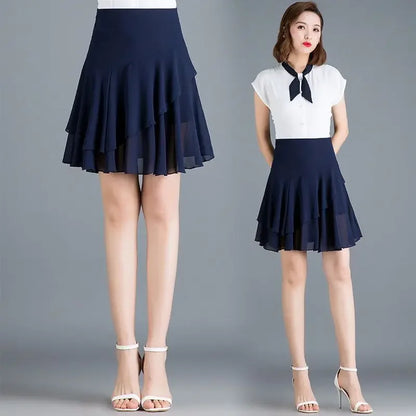 Fashion Solid Color Spliced Ruffles Chiffon Skirts Women's Clothing Summer New Loose Office Lady Elastic High Waist Skirts