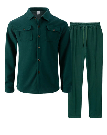 New autumn style waffle long-sleeved solid-color double-pocket buttoned cardigan shirt and pants set