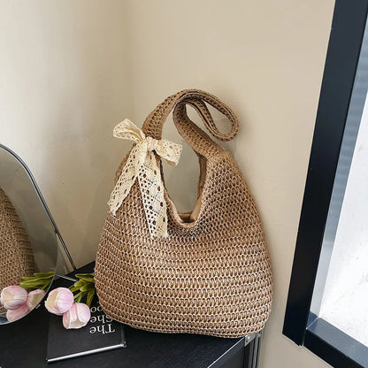 Homefish Women Woven Rattan Straw Tote Bag Large Capacity Summer Beach Shoulder Handbag Casual Ladies Travel Crossbody Purses