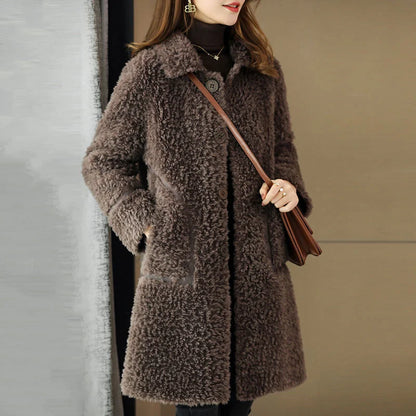 Female Winter Slim Grain Wool Middle Long Coat Women New Middle-Aged And Elderly Cashmere Thickened Imitation Lamb Wool Overcoat