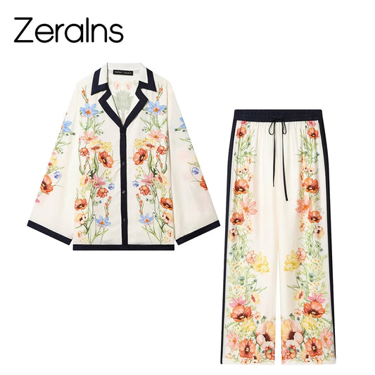 ZERAINS Casual style single row multi button lapel long sleeved contrasting printed shirt and printed pants set