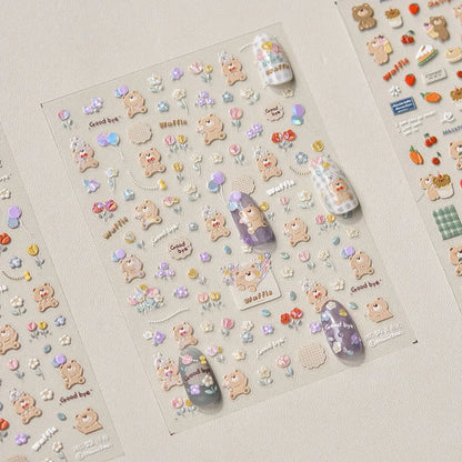Lovely Animal Graffiti Cat Claw Rabbit Bunny Bear Dog Flower Fruit Dim Sum Candy Sunflower Adhesive 5D Nail Art Stickers Decal