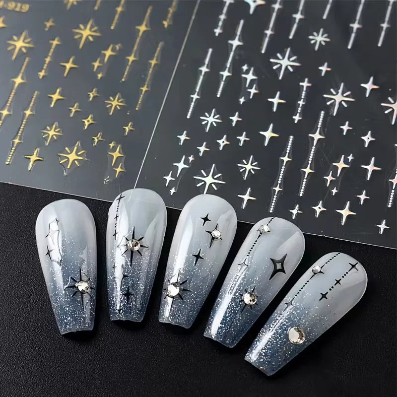 3D Star Nail Art Stickers Decals Self-Adhesive Metal Silver DIY Nail Stickers Decoration Decals Manicure Accessories