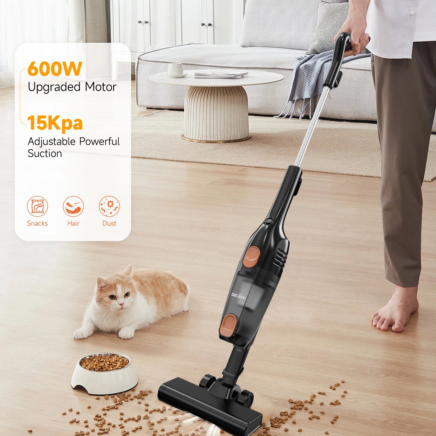 Sejoy 110/220v Corded Vacuum Cleaners 15Kpa Powerful Suction 600W Motor Stick Handheld Vacuum Cleaner for Home Pet Hair Carpet