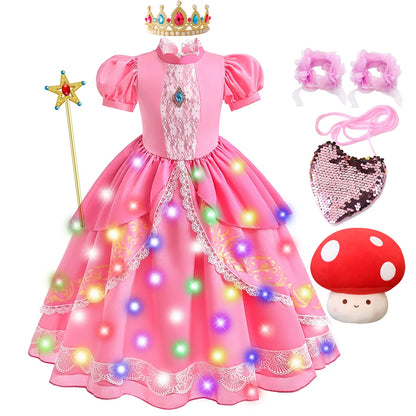 Peach Princess Costume with LED Color Light Toddler Birthday Game Role Play Dress Girl Halloween Festival Gown Pink Lace 4-8 Y