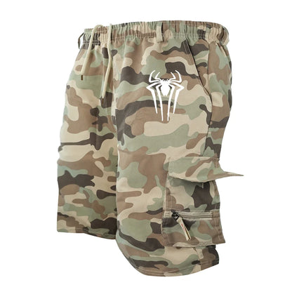 Men's Spider Print Cargo Shorts Male Outdoor Overalls Elastic Waist Cycling Shorts Multi-pockets Loose Work Beach Sports Shorts