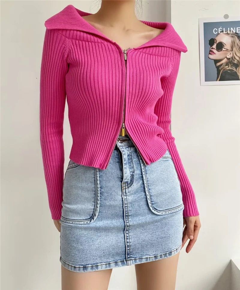 LUNDUNSHIJIA 2026 New Autumn Women Elegant Thickened Zipper Sweaters For Women Rose Red Fashion Short Female Cardigan 4 Colors