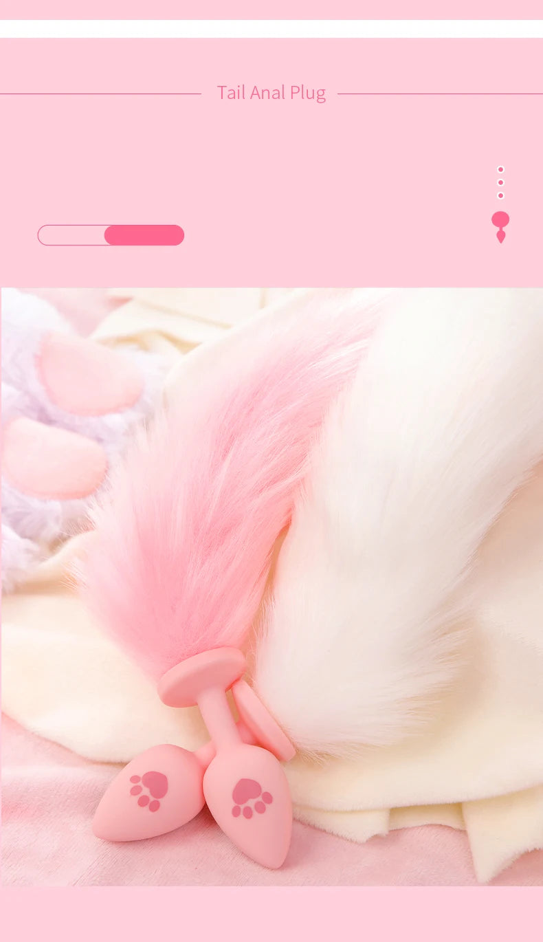 BLACKWOLF Cute Pink Silicone Anal Plug Soft Long Tail Butt Plug Adult Games Anal Beads Erotic Cosplay Sex Toys For Women