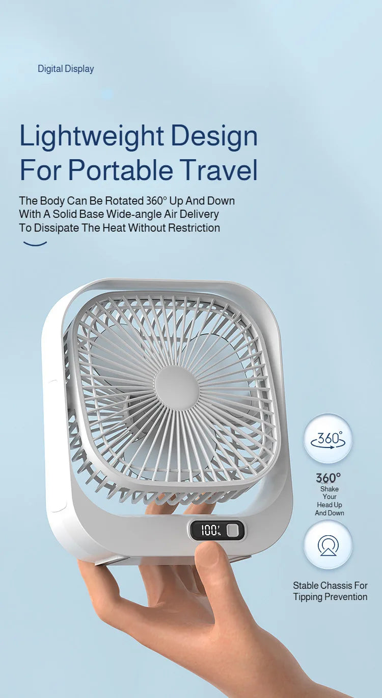 Mini Desktop Fan High Wind Power Rechargeable Plugin Circulation Intelligent Speed Control 360° Rotation Home Office Cooling