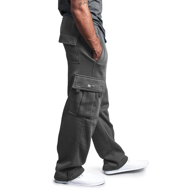 Autumn Winter Fashion Men's Casual Sports Pants Solid Color Multi-Pocket Straight Leg Trousers Loose Large Size Men Cargo Pants