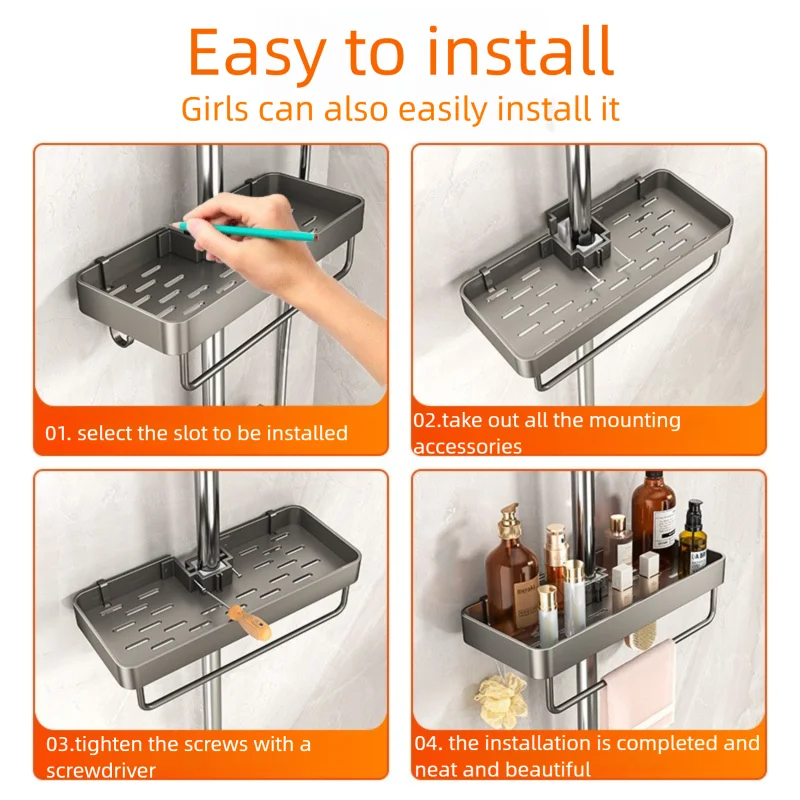 YM No-Drill Installation Bathroom Showerhead Storage Rack Tray Rain Shower Rod Holder Lift Bracket for Bathroom Organization