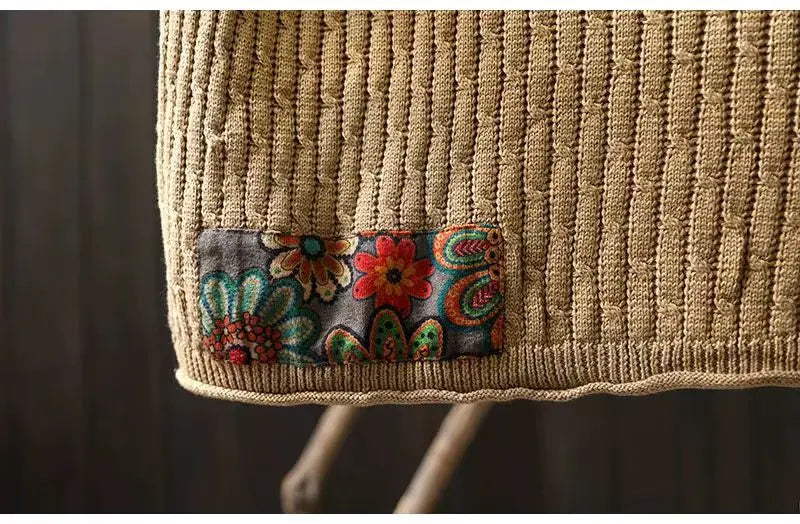 Winter Fall Fashion Vintage Sweater Women's O-neck Loose Casual Lazy-style Casual Pullover Tops Flower Print Patchwork Knitwear