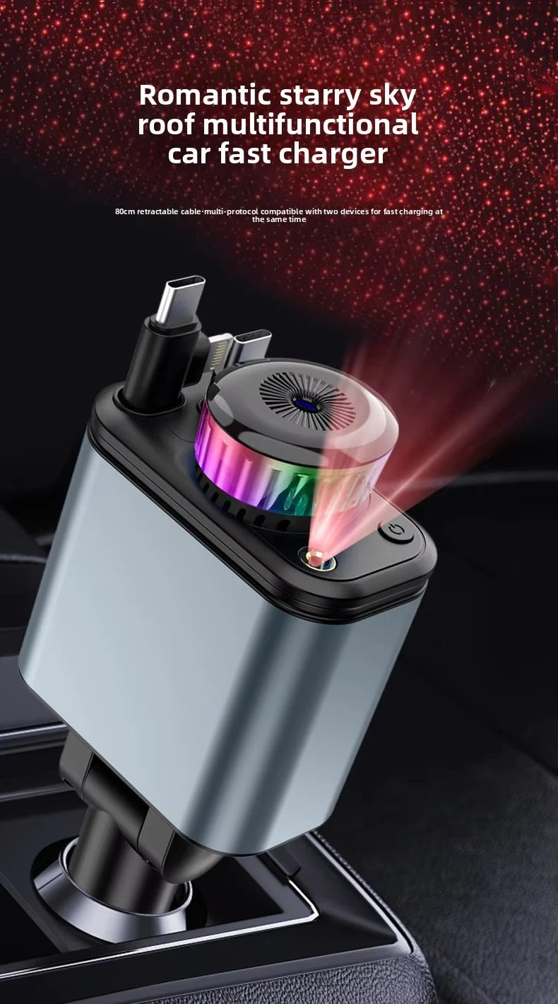 120W 5-in-1 Car Fast Charger Retractable Cable PD 30W Digital Voltmeter Star Light Car Charging Adapter For IOS Android