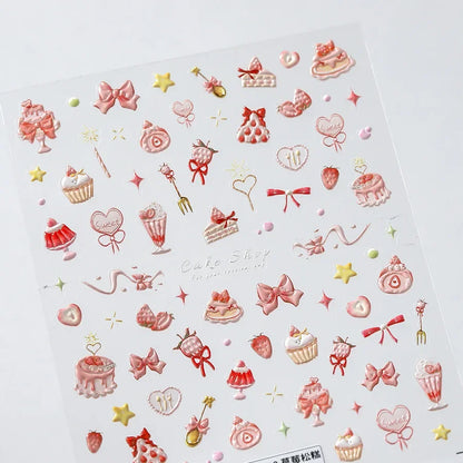 5D Pudding Jelly Dessert Fruit Cherry Pink Claw Print Bowknot Tie knot Love Heart Stars Nail Art Sticker Adhesive Manicure Decal