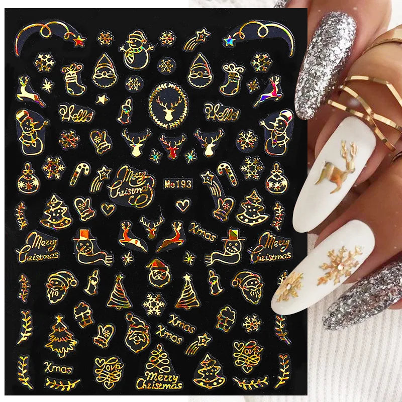 1PCS New Christmas Decorations 2023 New Year Nail Stickers Press on Nails Laser Snowflake Christmas Tree 3D Nail Decal
