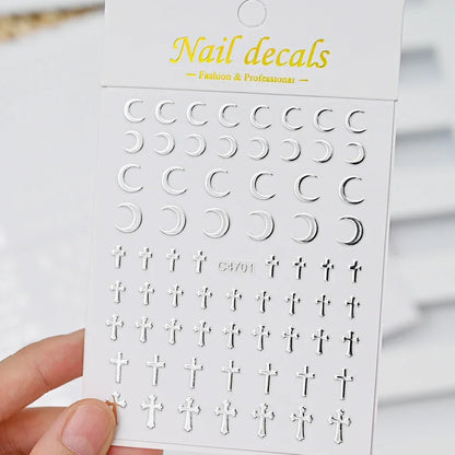 Metal Silver Nail Stickers Metallic 3D Star Nail Art Stickers Decals Self-Adhesive Nail Art Stickers Metal Chain Heart