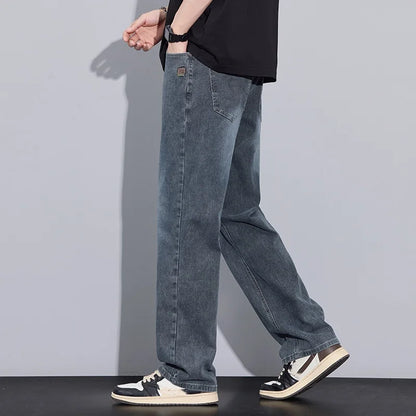 New Arrival American Vintage Wide Leg Elastic Denim Pants for Men Loose Straight Fit Flowy Versatile Casual Pants